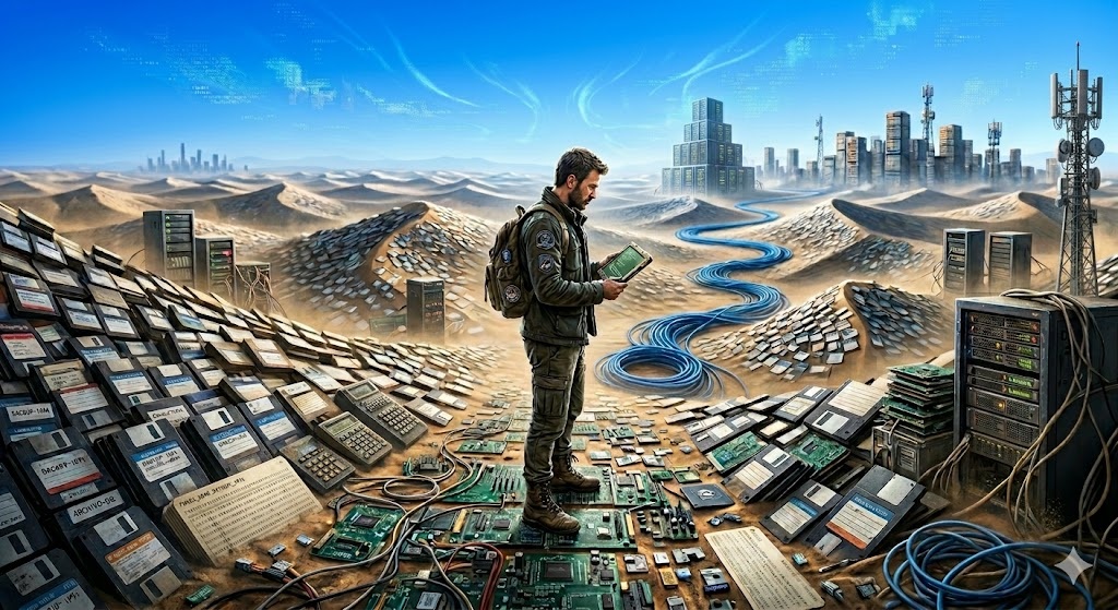 Paysage tech — désert numérique avec serveurs et câbles